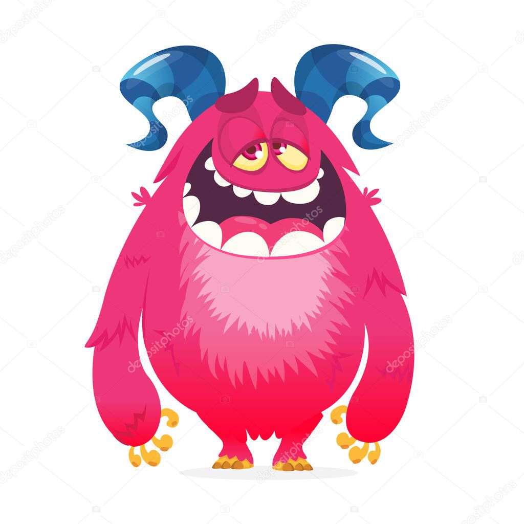 Funny cartoon monster with tired or sleepy expression on his face. Vector illustration