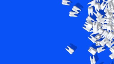 İzole edilmiş 3D Diş Arka plana Düşüyor, Güçlü ve sağlıklı dişler Zemin Kırılsa bile, Sol tarafta Metin için boşluk var, 4 farklı renk teması ve çatlak ya da sağlam arka plan var.