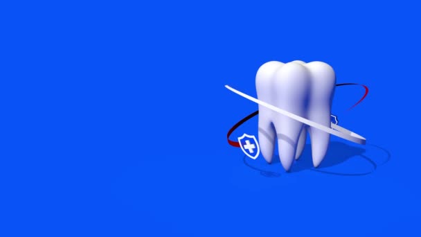 Zub Modrém Pozadí Bezpečností Lékařským Štítem Který Pohybuje Kolem Zubu — Stock video