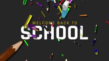 Pencil, Eraser, Pin and Scale Blast Slow Motion 3D Rendering, Back to School Text Appears, Luma Matte Selection of Blocks to Put your Desired Text or Background Behind The Elements