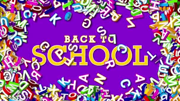 Colorful Alphabets Reveal Back School Text Purple Black Background Two — Vídeos de Stock