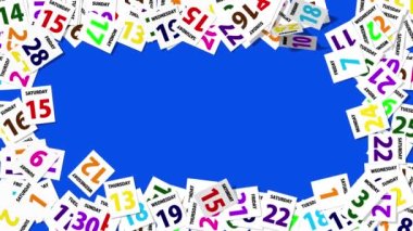 Colorful Days and Dates Hard Paper Notes Falling Slow Motion From Sides, Two Design Concepts, Luma Matte Selection of Notes, 3D Rendering