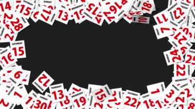 Red and Black Days and Dates Hard Paper Notes Falling Slow Motion From Sides, Two Design Concepts, Luma Matte Selection of Notes, 3D Rendering