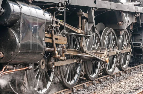 Steam train drive wheels, building up steam ready to depart, steam engine locomotive