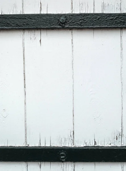 Rough Worn White Painted Wooden Plank Background Framed Black Metal — Fotografia de Stock