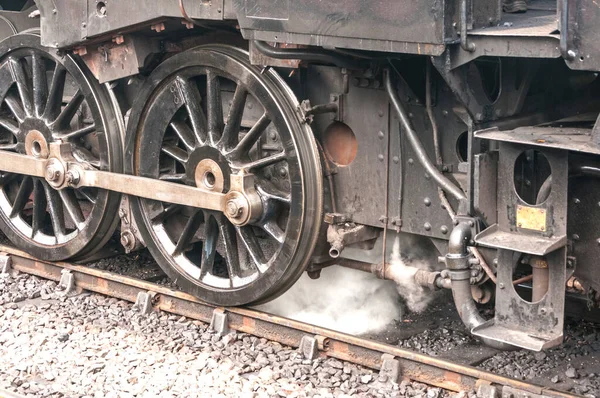Steam train drive wheels, building up steam ready to depart, steam engine locomotive