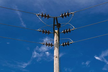 Wooden power pole, high voltage electricity, power supply and demand, energy crisis