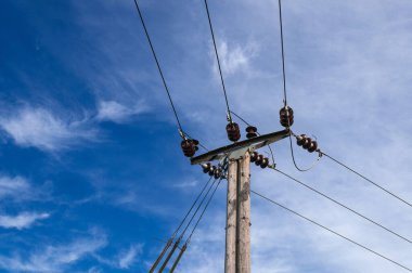 Wooden power pole, high voltage electricity, power supply and demand, energy crisis