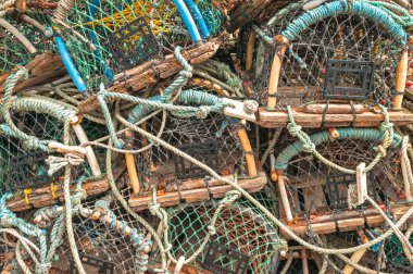 Stack of lobster pots close up background