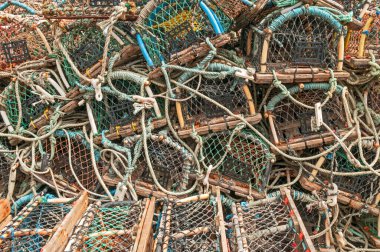 Stack of lobster pots close up background