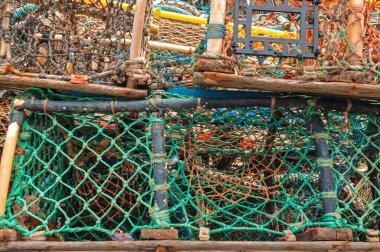 Stack of lobster pots close up background