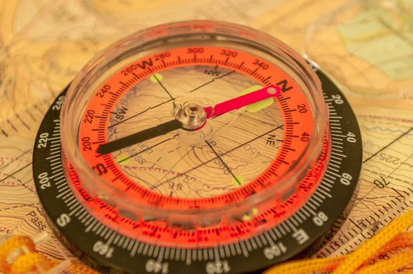 Compass Showing Direction Topographic Map Shallow Depth Field Focus North — Stockfoto