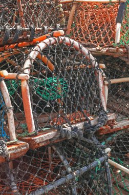 Stack of lobster pots close up background