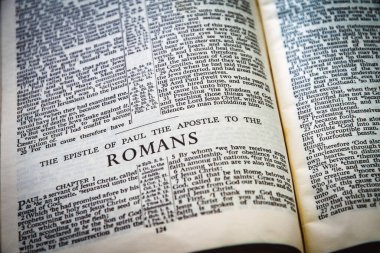 Close up of Holy Bible page, shallow depth of field with focus on book chapter heading, Romans