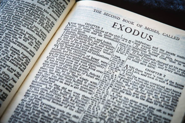 Close up of Holy Bible page, shallow depth of field with focus on book chapter heading, Exodus