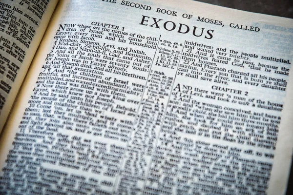 Close up of Holy Bible page, shallow depth of field with focus on book chapter heading, Exodus