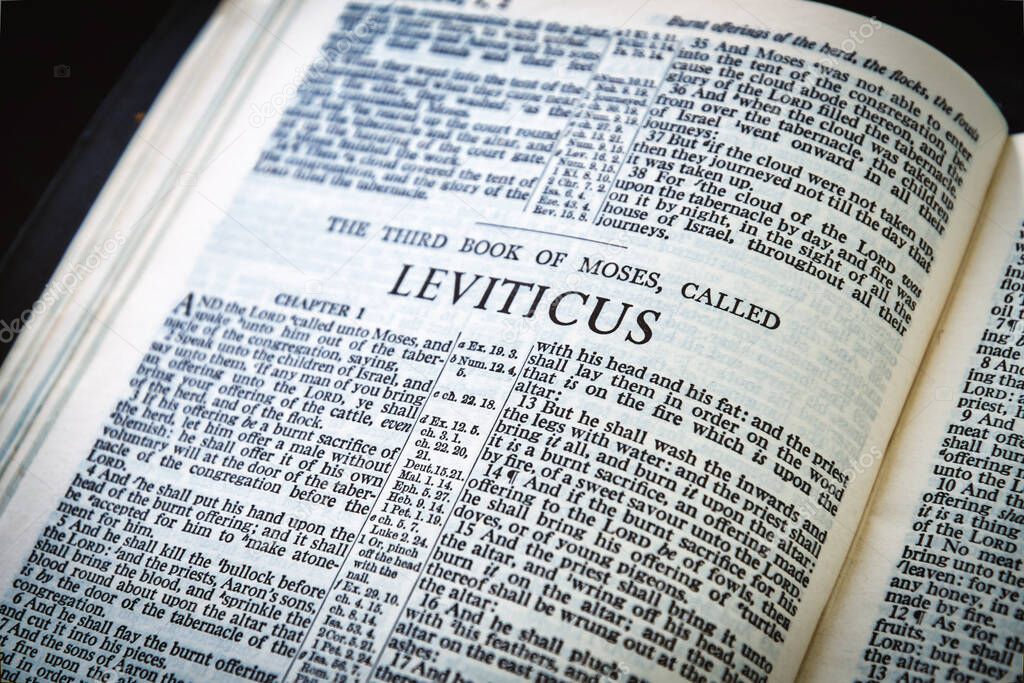 Close up of Holy Bible page, shallow depth of field with focus on book chapter heading, Leviticus