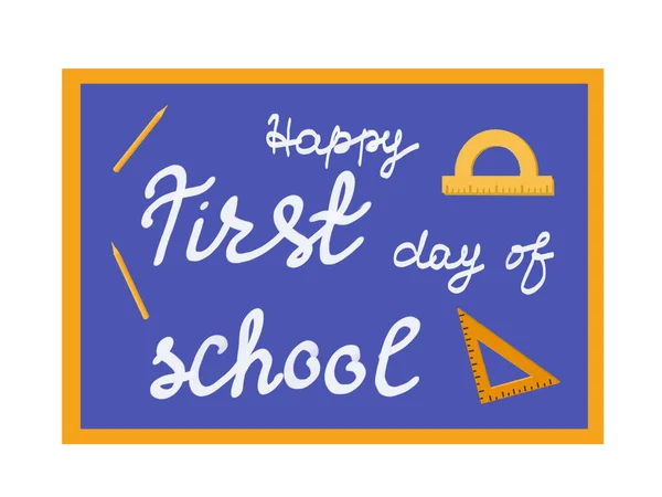 Повернутися Дизайну Шкільних Написів Шкільна Дошка Написом Щасливий Перший День — стоковий вектор