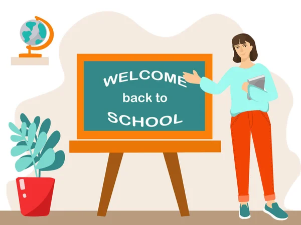 Welcome Back School Concept Female Teacher Stands Blackboard — Vector de stock