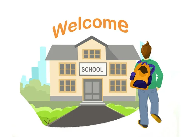 Welcome Back School Concept School Building Background Student Goes School — ストックベクタ