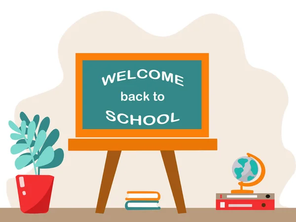 Welcome Back School Concept School Chalkboard Globe Books Plant — Vector de stoc