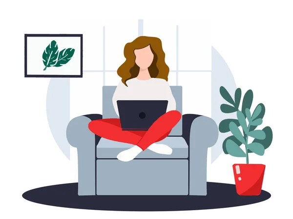 Home office and distance work concept. A young girl sitting at home with notebook and working