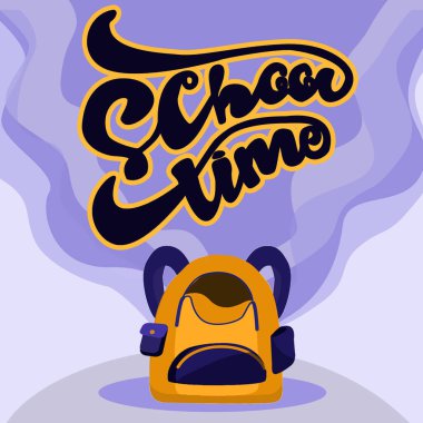 School time lettering design. Calligraphic text with school backpack