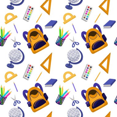 School seamless pattern with school supplies: backpack, pencils, paint books