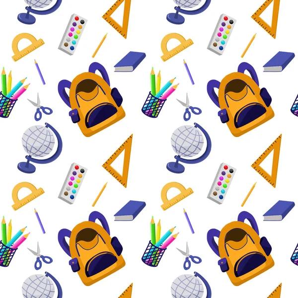 School seamless pattern with school supplies: backpack, pencils, paint books