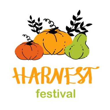 Harvest festival greeting template for banner, card, poster. Colored pumpkins in doodle style