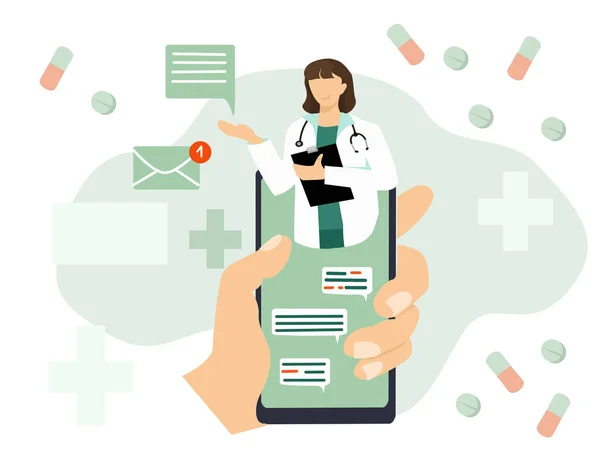 Humane Hand holding a smartphone with video call to family doctor. Online medicine concept. Vector