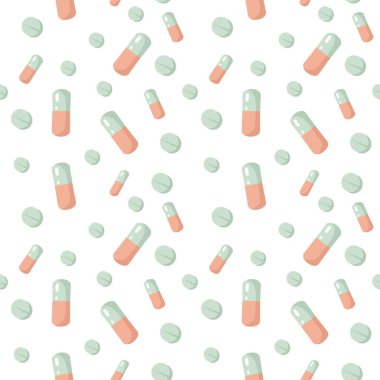 Medical seamless pattern with pills, tablets in pastel hues. Vector pharmaceutical template