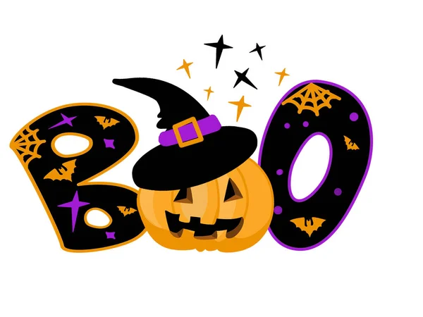 Boo lettering design for Halloween prints. Hand drawn ward Boo with pumpkin in cartoon style