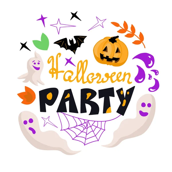 Halloween party lettering with witch hat, web, bat in doodle siyle