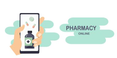 Online pharmacy concept. Hand holding smartphone to make an order in pharmacy site. Modern design.