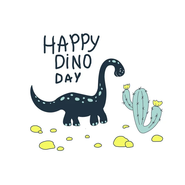 Happy dino day lettering. Little funny dinosaur with cactus in doodle style.Vector illustration