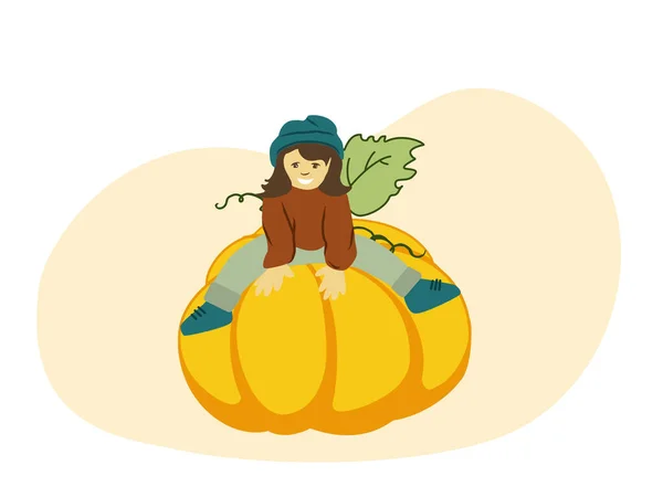 Little girl sitting on big pumpkin. Greeting template for harvesting or thanksgiving day. Vector illustration