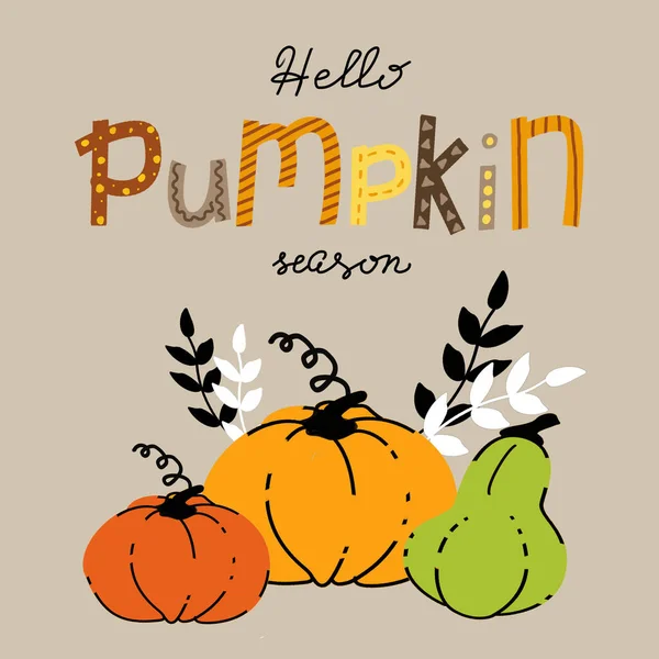 Hello pumpkin season lettering. Greeting card for thanksgiving day, harvesting. Vector illustration