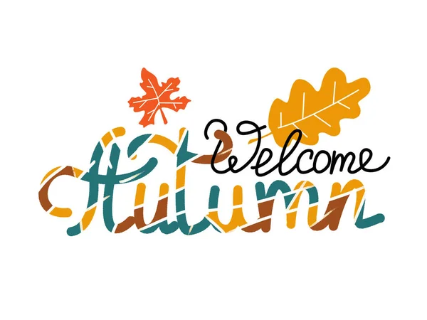 Hoş geldiniz güz mektupları. Meşe ve akçaağaç yapraklı mevsimlik şablon. Vektör illüstrasyonu