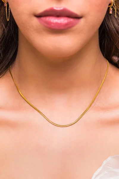 Altın Zincirli Kolye Altın Küpeler Takan Güzel Bir Genç Kadının — Stok fotoğraf