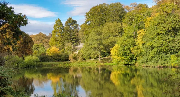 Bela Paisagem Outono Folhagem Árvores Uma Lagoa West Yorkshire Fora — Fotografia de Stock