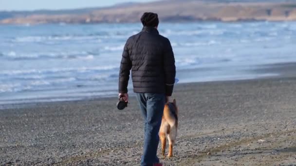 キプロスのAyia Eirini 2022年3月20日 遊び心のある犬と他の人を持つ男は ビーチに波が当たる嵐の午後にキプロスのAyia Eiriniのビーチに沿って散歩しています — ストック動画
