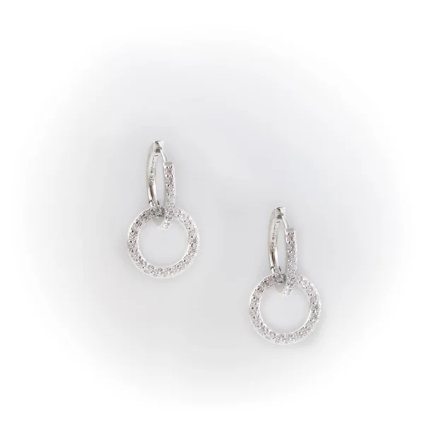 Double Sparkle Silver Earrings Dangling White Background — Stock Fotó