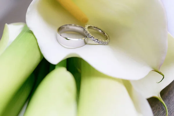 Stylish wedding rings made of white gold on a background of a bouquet of calla lilies — Stock fotografie