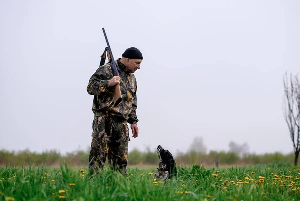 Male hunter with a gun on his shoulder stands with a dog Russian spaniel — Stockfoto