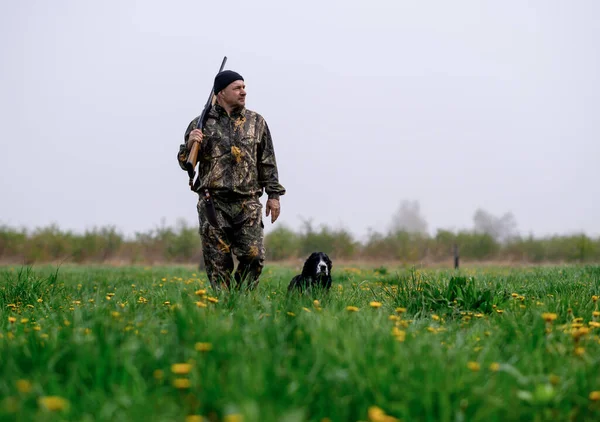 Male hunter with a gun on his shoulder walking with a Russian spaniels dog — Stockfoto