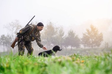 Avcı köpeği Rus Spaniel 'le tüfek avına çıktı. 