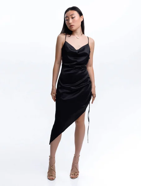 Beautiful Asian Girl Black Dress Posing White Wall Photo Studio — Stockfoto