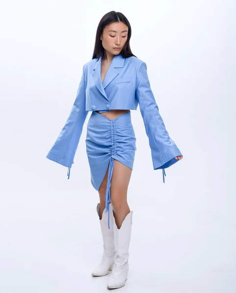 Beautiful Asian Girl Blue Suit Poses White Wall Photo Studio — 图库照片