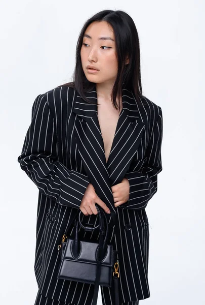 Beautiful Asian Brunette Girl Stylish Black Fashion Suit Posing White — Zdjęcie stockowe